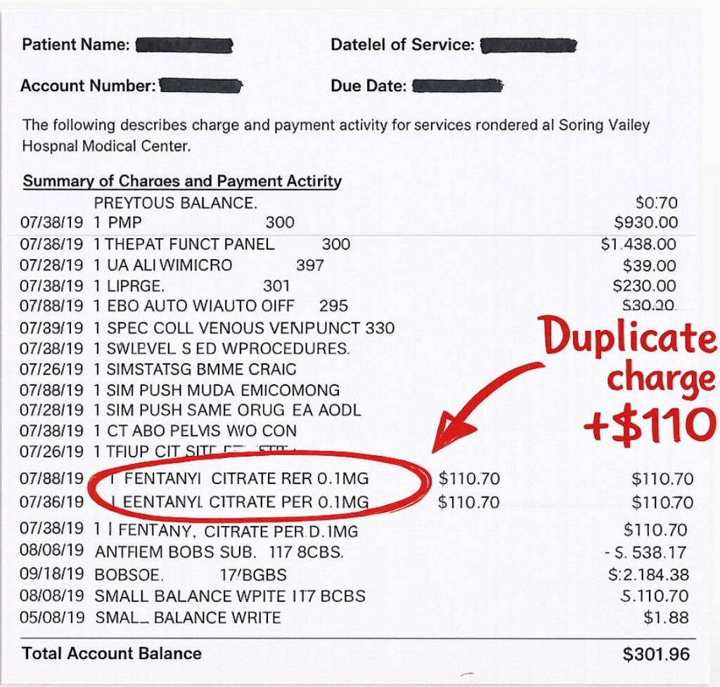 Spring Valley Hospital bill summary with duplicate Fentanyl line items circled in red and Duplicate charge +$110 noted