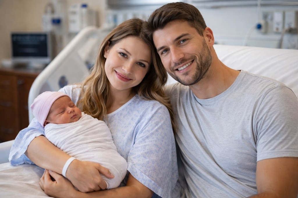 Parents smiling with their newborn in a hospital room